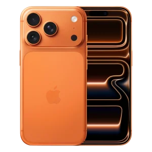 Novi mobiteli 4 Apple iPhone 17 Pro u boji Cosmic Orange, prikaz sprijeda i straga.