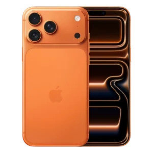 Novi mobiteli 6 Apple iPhone 17 Pro Max u boji Cosmic Orange, prikaz sprijeda i straga.